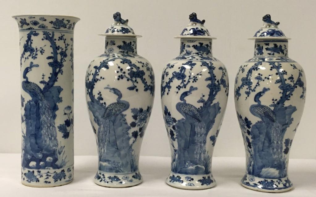 CHINESE KANGXI REVIVAL GINGER JARS & VASE, 4 PCS: Chinese Kangxi revival porcelain ware circa 1900: includes (3) 12.5" tall ginger jars and a 12.25" tall vase. All pieces have a four character mark on base. Condition: small flakes to the rim of each 