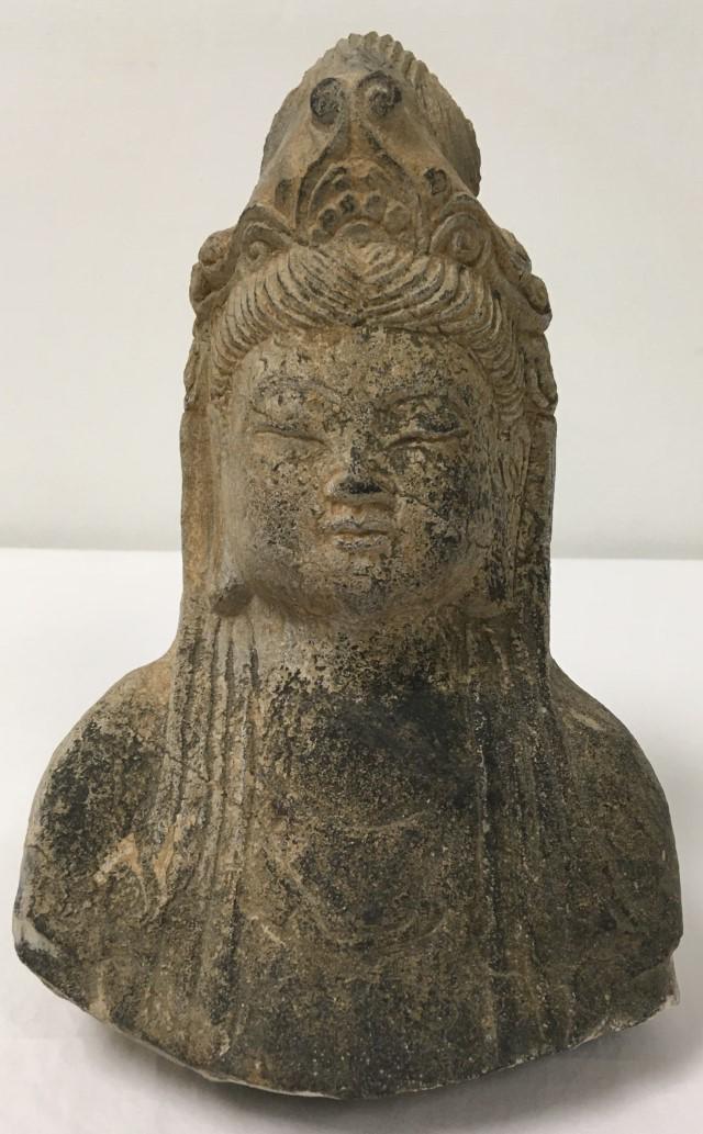CHINESE CARVED LIMESTONE MAHASTHAMAPRAPTA BUST: Chinese carved limestone head of the Boddhisattva Mahasthamaprapta. Measures 9.5" tall x 6.5" wide and 4.1" deep. Condition: base is angled and so the sculpture leans back, expected signs of age, no r