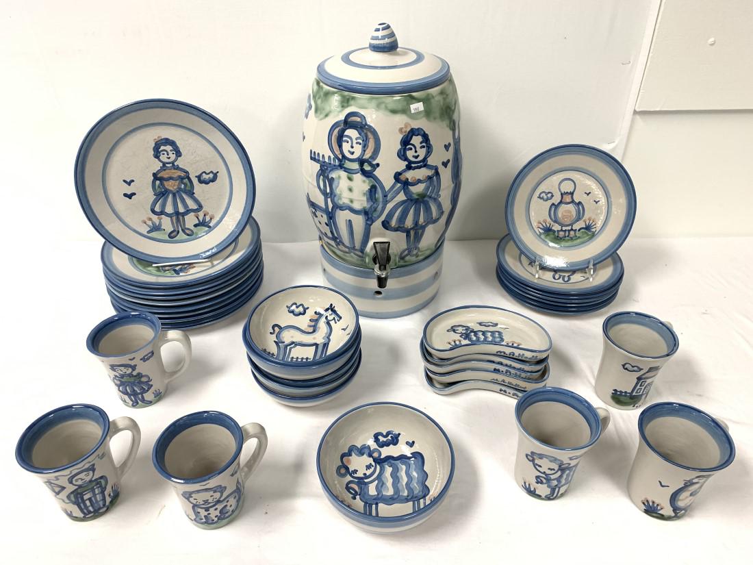M.A. HADLEY STONEWARE DINNERWARE: 35 PCS: Lot of M.A. Hadley stoneware dinnerware. Includes a 19" tall water cooler or water heater (base accounts for 4.5" of height), (10) 11" plates, (7) 8.75" plates, (5) 6.5" bowls, (1) 6.75" bowl, (5) 7.2