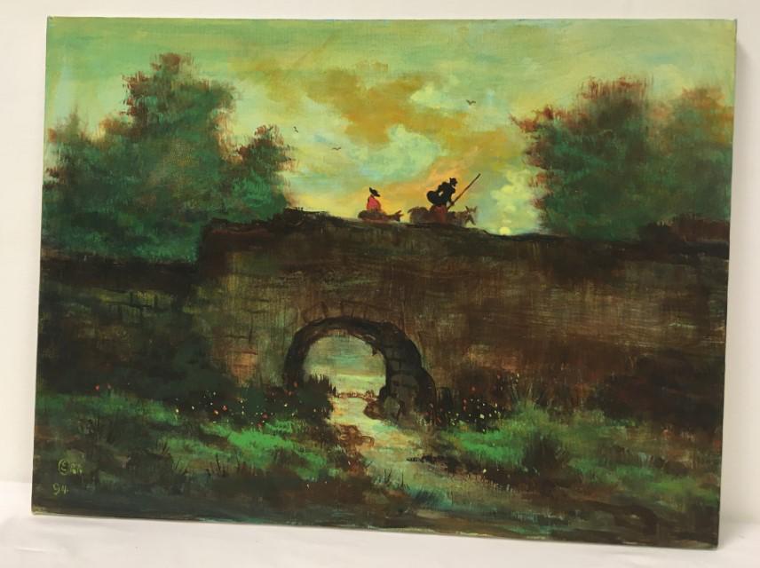 ELLIOT ORR ACRYLIC ON CANVAS PAINTING: DON QUIXOTE: Vintage Elliot Orr acrylic on canvas painting depicting Don Quixote and Sancho Panza. Signed and dated lower left "E. Orr 94". Measures 20" x 24". Condition: good, unframed, see images. Weight: 1.5 lb