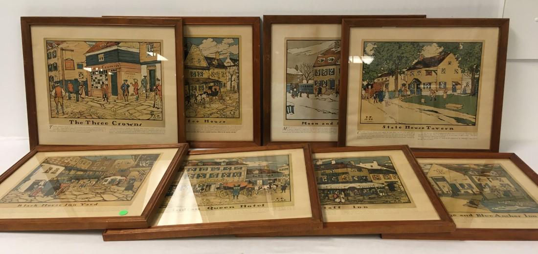 SET ROBT SMITH ALE BREWING CO FRAMED TAVERN PRINTS: Set of eight framed tavern prints by Robert Smith Ale Brewing Co, 1909. Each one framed and matted in a wood frame measuring approximately 16.5" tall x 19.25" wide. Condition: prints are in good condi