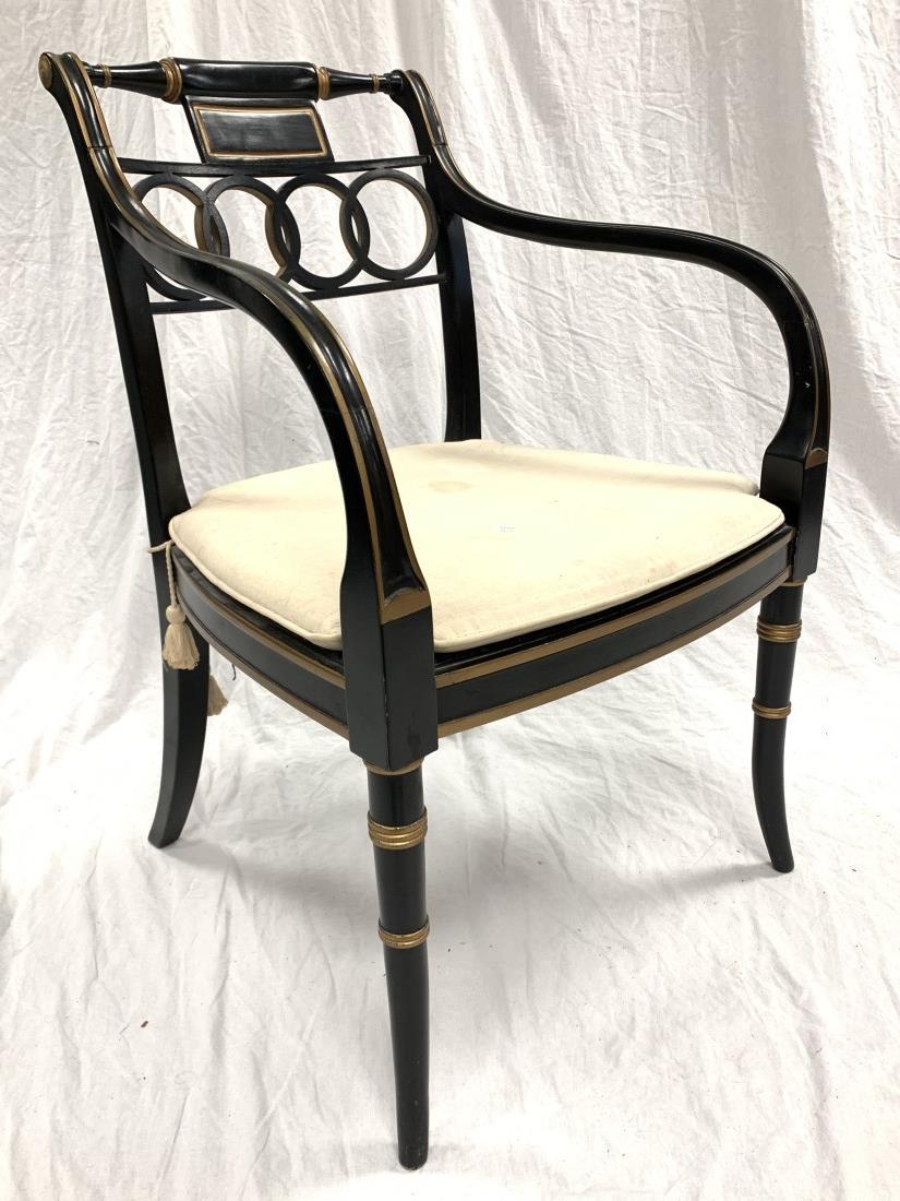 BAKER HISTORIC CHARLESTON GOVERNOR ALSTON ARMCHAIR: Baker Furniture Historic Charleston "Governor Alston" painted armchair. Measures 33" tall x 21.5" wide and 22.5" deep. Caned seat with cushion. Condition: staining to cushion, minor paint loss to cane