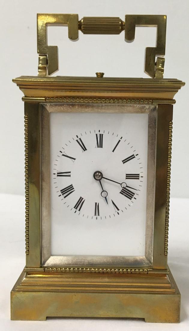 ANTIQUE FRENCH GAY, LAMAILLE & CO CARRIAGE CLOCK: An antique French repeater carriage clock made by Gay, Lamaille & Company. Patent Surety Roller with five minute repeater movement. Brass case with glass on all side, including top. Measures a total o
