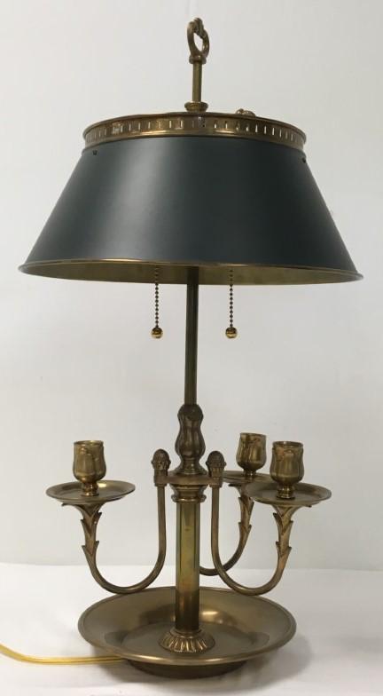 VINTAGE CHAPMAN BRASS BOUILLOTTE TABLE LAMP: Vintage Chapman brass bouillotte table lamp. Measures a total of 26" tall to top of finial, shade measures 14" in diameter. Condition: scratch to paint on shade, minor tarnishing to brass, see images.
