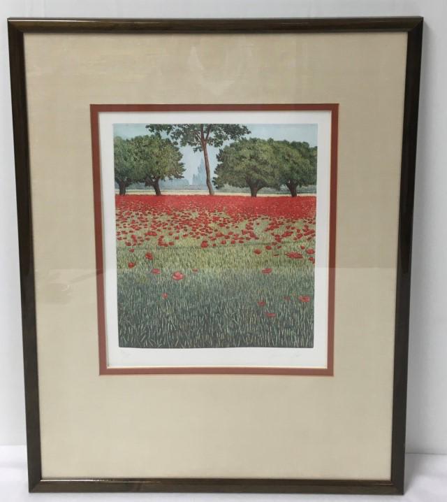 ADRIAN YAU ETCHING & AQUATINT ON PAPER POPPY FIELD: Adrian Yau limited edition etching and aquatint on paper, framed matted and behind glass. Numbered 86/99 in pencil lower left margin and signed in pencil lower right. Condition: good, frame may show m