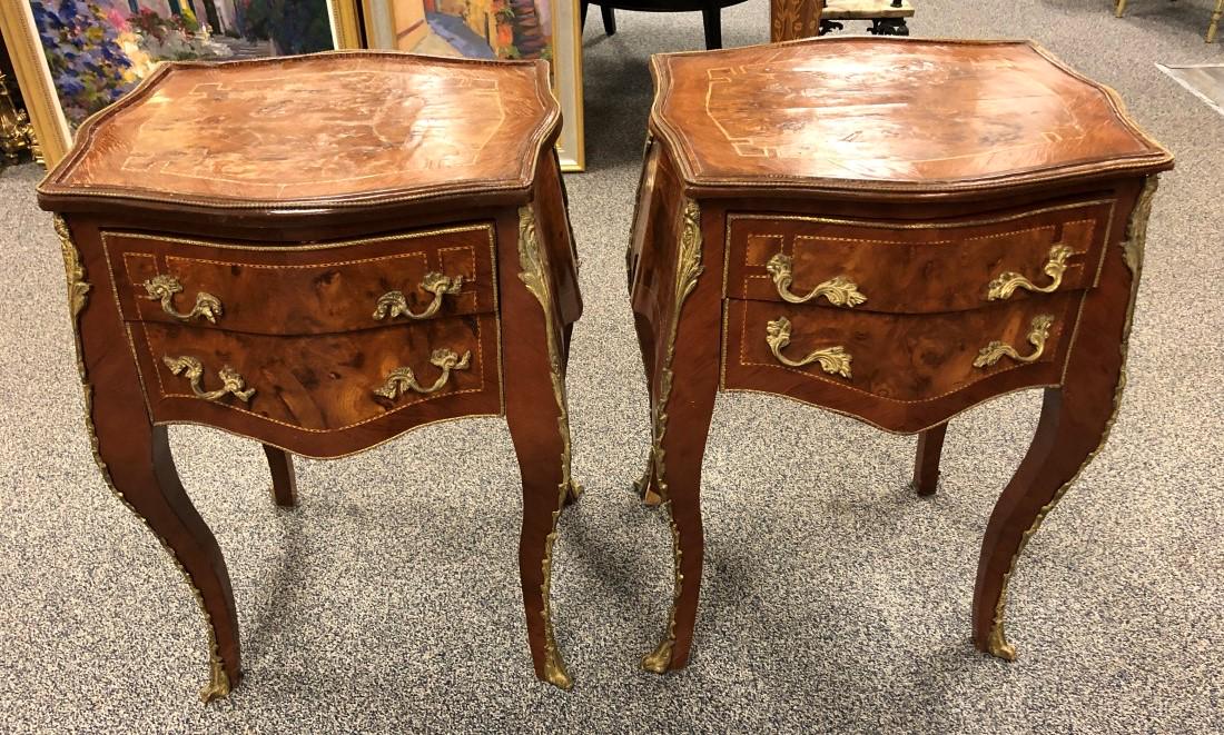 PAIR LOUIS XVI PARQUETRY INLAID SIDE TABLES: Pair of Louis XVI parquetry inlaid side tables, each measuring 29.75" tall x 22" wide and 19" deep. Ormolu style bronze mounts. Condition: appears to have moisture damage to veneer on the top of each 