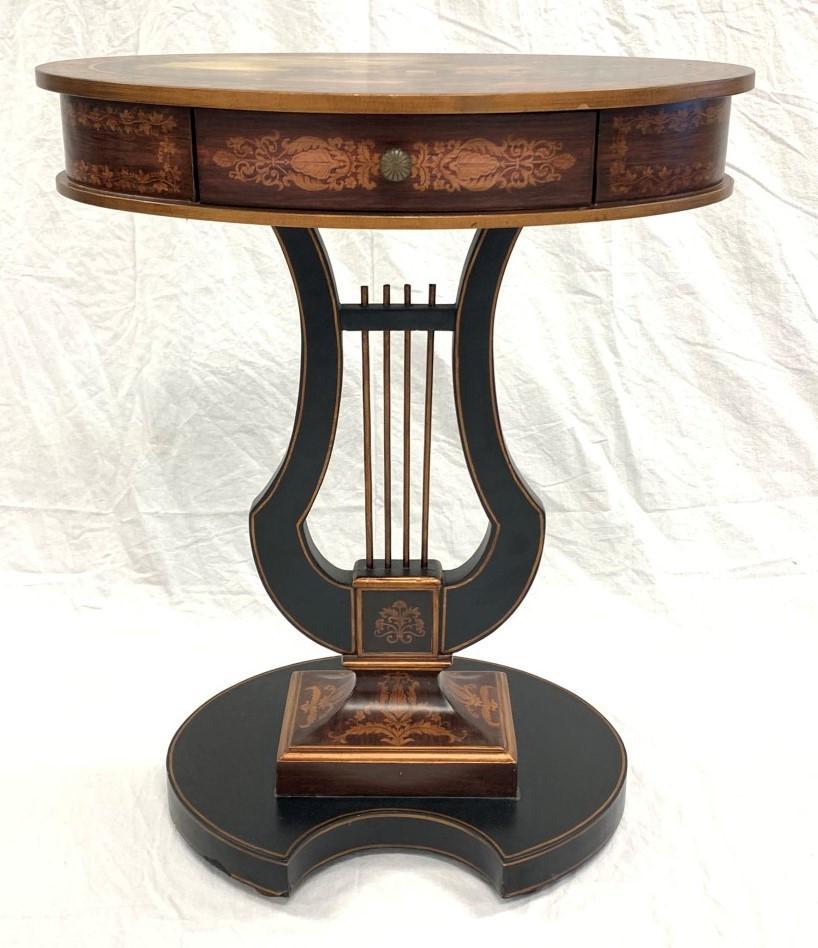 VINTAGE ITALIAN LYRE BASE SIDE TABLE: Vintage Italian lyre base side table with a single velvet-lined drawer. Measures 26.75" tall x 22" wide and 14.2" deep. Condition: a few small chips to veneer at base edge have been colored in black, 