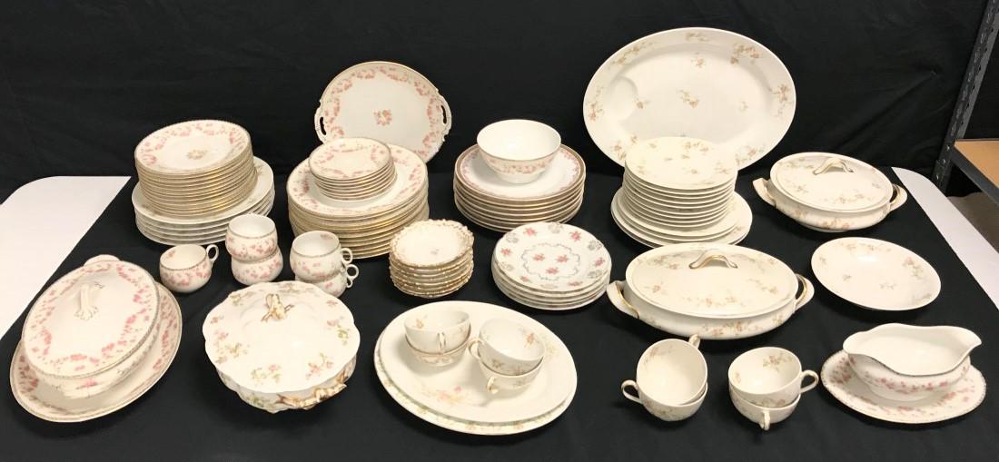 VINTAGE ROSE PATTERN DINNERWARE: LIMOGES, BAVARIAN: Large lot of vintage rose pattern porcelain dinnerware. Includes a few different manufactuers. Theodore Haviland pieces: (1) 16" meat tray, (3) 9.5" plates, (2) 8" plates, (9) 7.5" plates, (1) 7.5" wi
