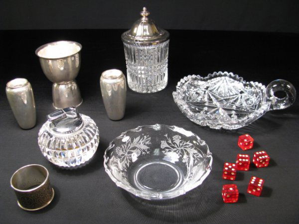STERLING SILVER WATERFORD CRYSTAL & MORE: A nice mixed estate lot which includes a Niello decorated sterling silver napkin ring, Gorham sterling silver salt and pepper shakers, a Napier silver plate die cup with 6 red plastic die, a Waterford