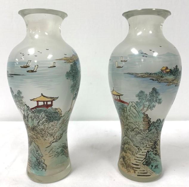 PAIR VINTAGE CHINESE INSIDE PAINTED GLASS VASES (1 of 19)