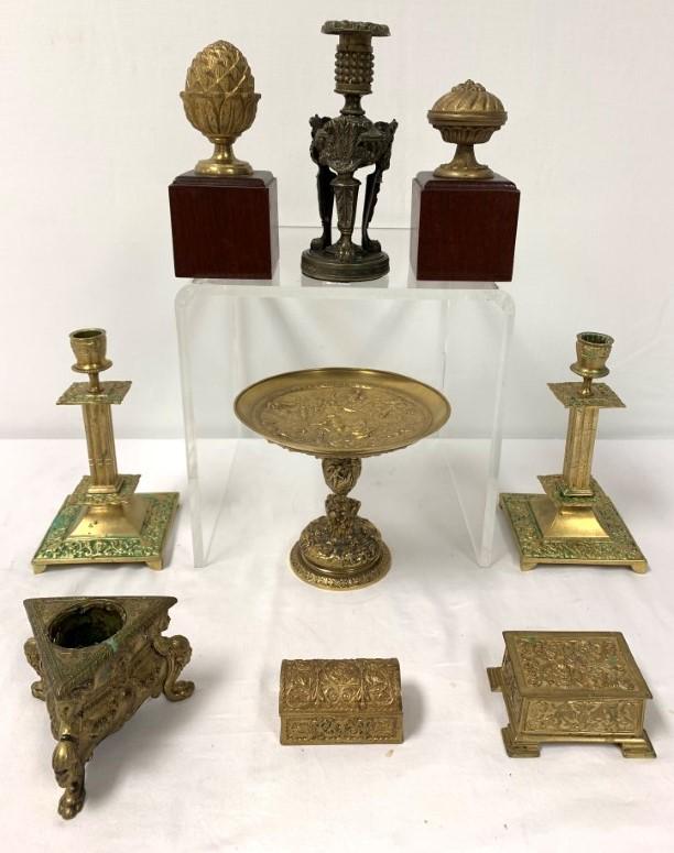 ANTIQUE BRASS DESK LOT, CANDLESTICKS MATCHBOX, ETC (1 of 19)
