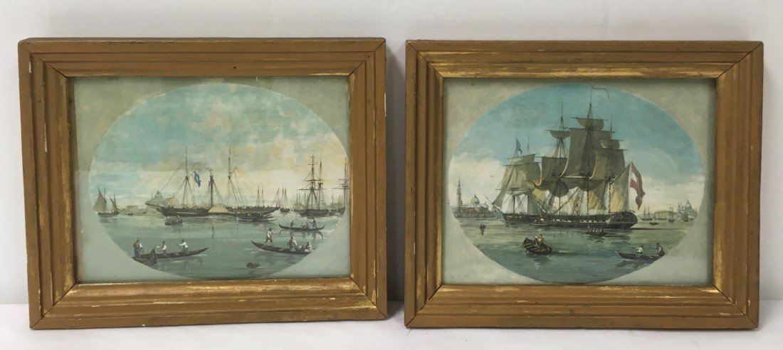 TWO 19TH C GOUACHE SHIP PAINTINGS ON PAPER BOARD (1 of 18)
