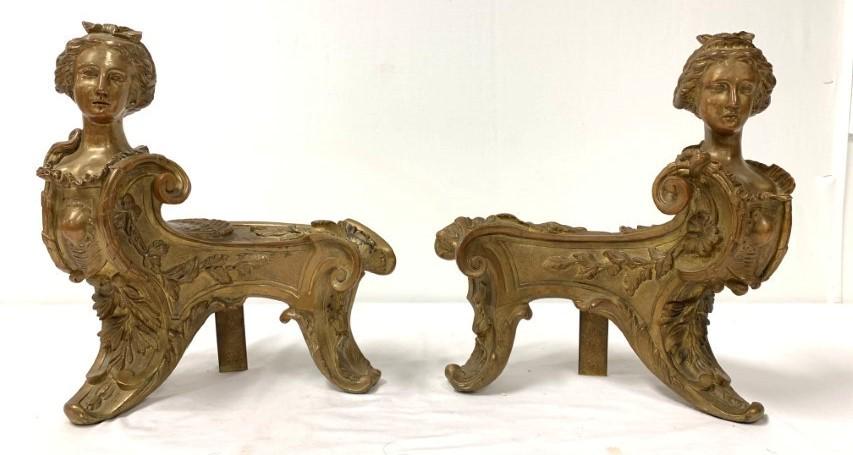 PAIR 19TH C LOUIS XV STYLE GILT BRONZE CHENETS (1 of 13)