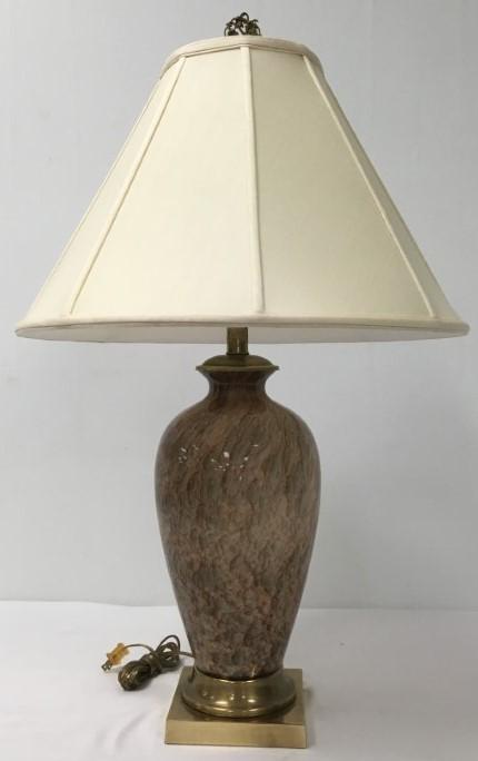 VINTAGE FREDERICK COOPER ART GLASS TABLE LAMP: Vintage Frederick Cooper art glass table lamp, measuring a total of 32.5" tall x 20.25" wide at shade, glass portion measures 7" wide. Condition: good, minor signs of wear to metal mounts, see images.