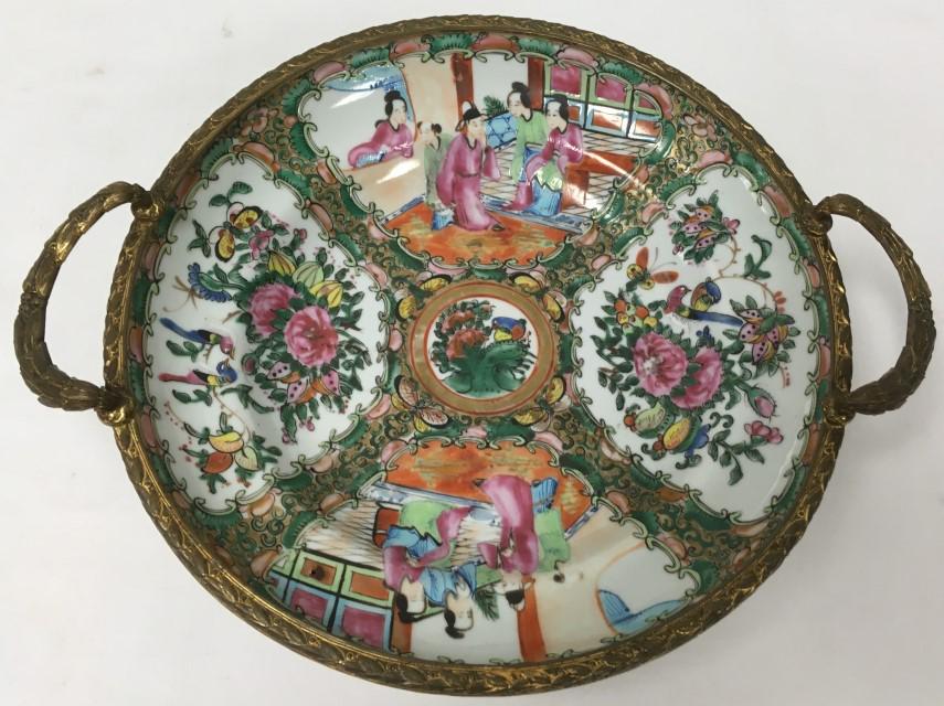 ANTIQUE BRONZE MOUNTED CHINESE ROSE MEDALLION DISH (1 of 12)