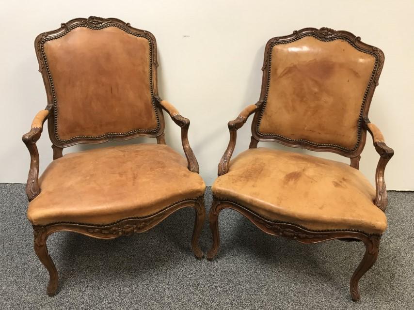 PAIR VINTAGE LEATHER UPHOLSTERED BERGERE CHAIRS (1 of 20)
