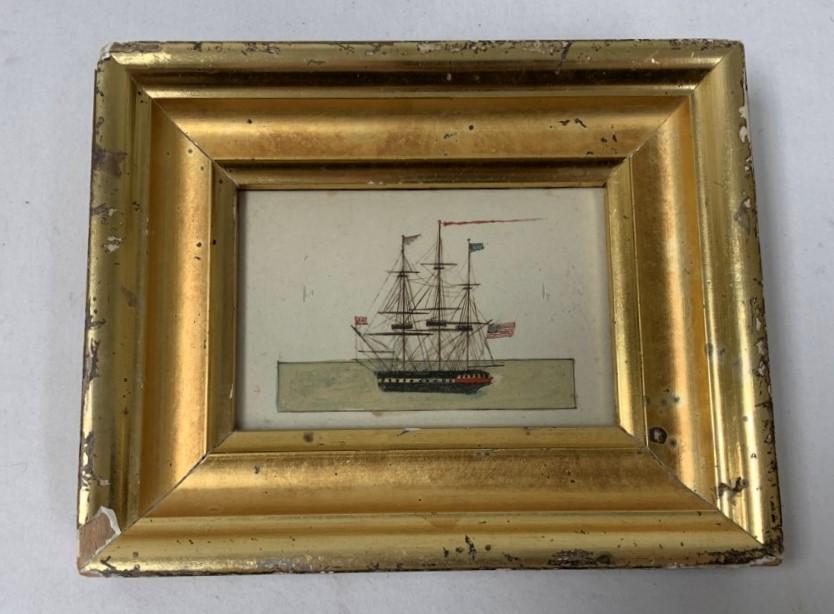 EARLY 19TH C MINIATURE MARITIME PAINTING ON PAPER (1 of 9)
