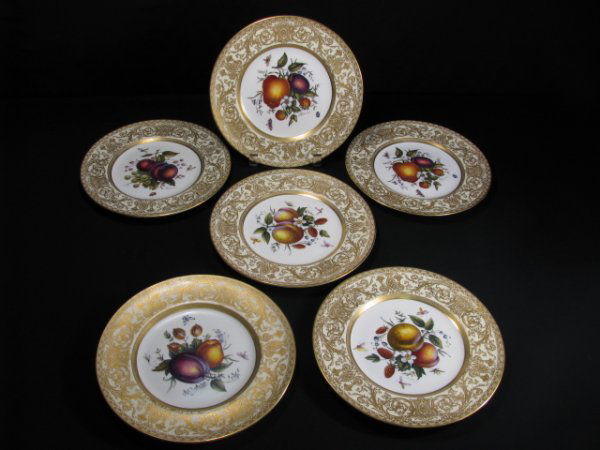 SIX ROYAL WORCESTER PORCELAIN PLATES SIGNED: Six Royal Worcester porcelain plates, each measuring 9 1/4" wide. Each with a hand enhanced fruit and floral transfer design in the center of the plate which is signed by the artists T. Freeman and M.