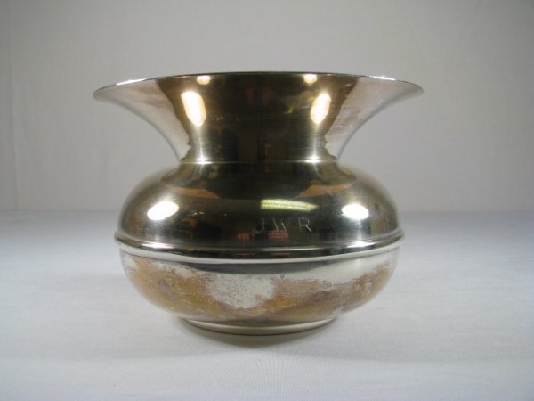 TIFFANY & CO. STERLING SILVER SPITTOON: Tiffany & Co. sterling silver spittoon. Stamped on the base reads " Tiffany & Co., Makers, Sterling Silver, 25195". Measures 5 1/2" tall by 8" wide at the mouth. Weighs 31 troy ounces. Monogram on one
