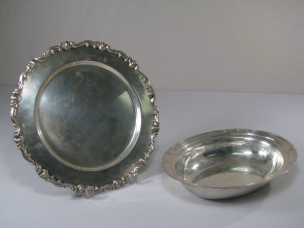 TWO STERLING SILVER SERVING PIECES: TRAY & BOWL: Two sterling silver serving pieces: a round tray with a decorative rim stamped "Industria Peruana Plate Esterlina 925 flag hallmark Camusso." Which measures 11" wide and weighs 13 troy ounces. The sec