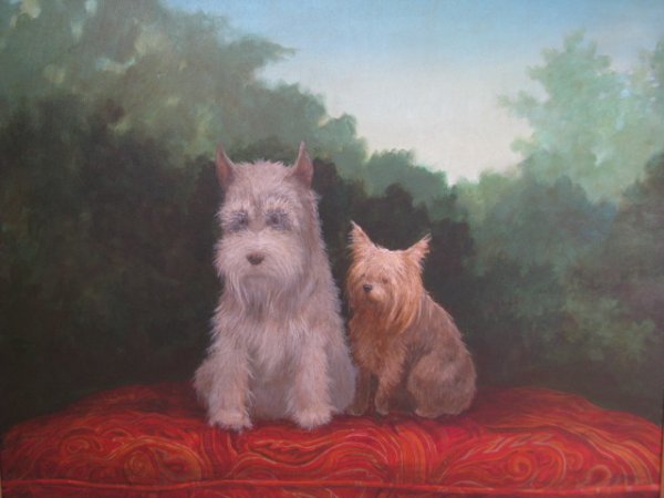 AUDREY HEFFNER OIL PAINTING TWO DOGS CHLOE & TARA: "Chloe & Tara" Oil on canvas. Signed lower right: Heffner. Canvas size: 24 x 30; frame size: 32 x 38. Audrey Heffner, contemporary artist, Naples, Florida, was commissioned to paint this double portra