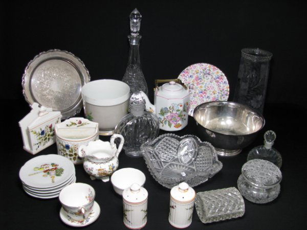 ESTATE LOT CUT GLASS PORCELAIN SILVER PLATE ETC.: Huge lot box: cut glass bowl, decanters, perfume bottle, trinket boxes, vase. Silver plate Revere bowl and tray. Porcelain cups, creamer. Le Jardin teapot. Limoges small plates. Royal Worcester coaste