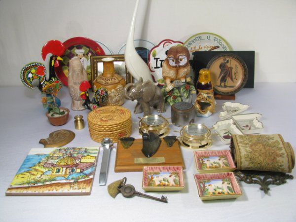 ESTATE LOT: PORCELAIN CERAMIC FIGURES TILE ETC.: Large estate lot of misc. porcelain, ceramics, figurines, and more. Includes; Andrea porcelain Elf owl. Royal Doulton tableware decanter. Ceramic white glaze bird. Russian nesting dolls. Two Portugues