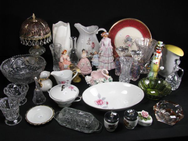 CRYSTAL & LENOX VASES PORCELAIN FIGURES PERFUMES: Huge box lot: Lenox vases and porcelain figures, cut glass bowls, Mc Coy pitcher, Royal Worcester egg coddler's, Beswick bird figure and much more. Largest piece is a cut glass electrical lamp has a p