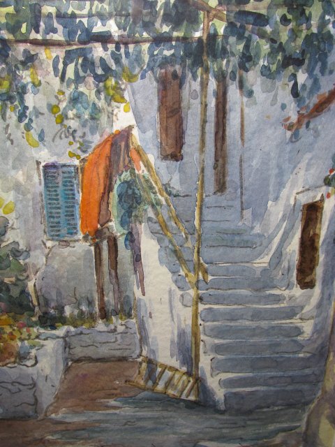 WATERCOLOR PAINTING OF A PEASANT HOUSE IN GREECE
