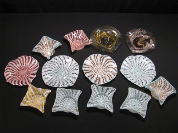 ITALIAN RIBBON ART GLASS HANDKERCHIEF BOWLS 13 PCS