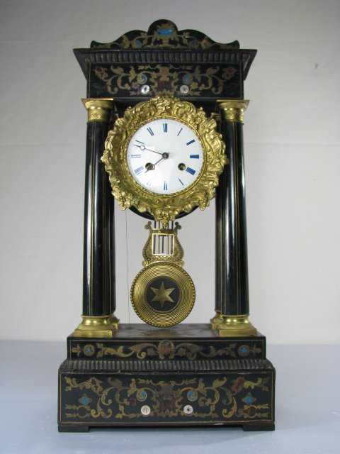 FRENCH PICKARD BREVETE PORTICO CLOCK: French clock with ebonized wood case with brass and enamel inlay and bronze mounts. Enamel dial Brass works stamped. #532 and circular stamp Pickard Brevete. No key. Crazing to finish. Inlay not secur