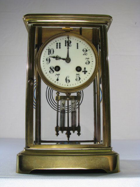 FRENCH CRYSTAL REGULATOR CLOCK: Brass and glass crystal regulator, Mercury style pendulum, time and strike mechanism stamped, H&H, Made in France. Has pendulum but no key. Working condition. Measures 6 3/4" long x 5 1/4" wide x 10 3