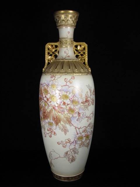 ROYAL BONN PORCELAIN GILT FLORAL FLOOR VASE: Large floral and gilt decorated floor vase measuring 20" tall x 8" wide. Mark on bottom. No chips or cracks. Weighs 4 lbs 7 oz.
