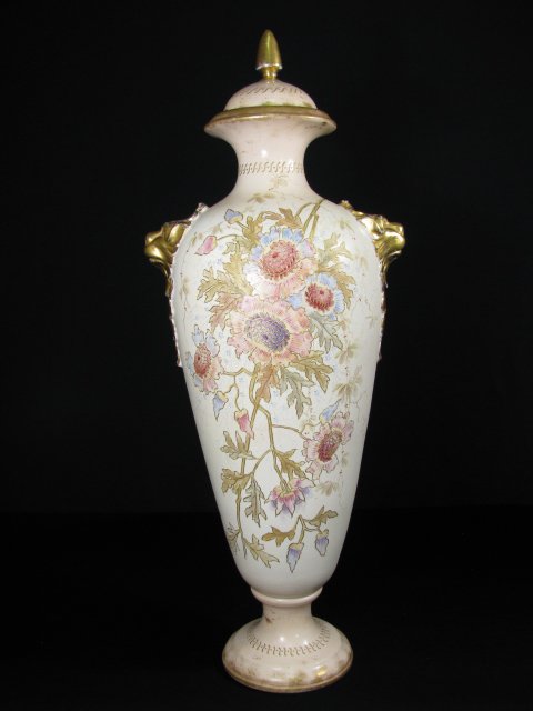 ROYAL BONN PORCELAIN HAND PAINTED FLOOR VASE: Royal Bonn mark on bottom. Peony design with Lions Head handles on sides. Generalized crazing. Measures 26 1/2" tall x 11" wide. Weight is approx. 11 lbs.