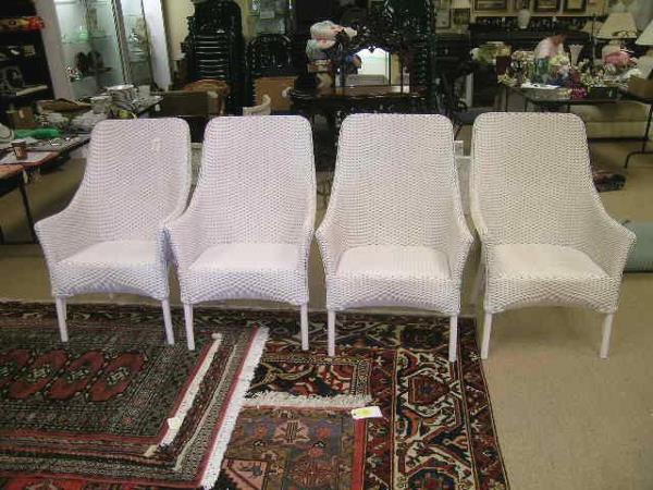 FOUR LLOYD FLANDERS WHITE WICKER CHAIRS HIGH BACK: FOUR LLOYD FLANDERS WHITE WICKER CHAIRS HIGH BACK - Each chair measures 40" high x 26 3/4" wide x 27" deep. Good condition. - ****PLEASE NOTE ***** 1) The Ending Time posted for this item is wrong. Eb