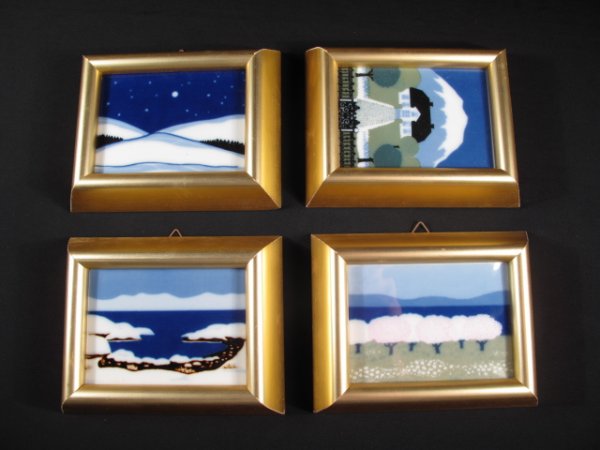 FOUR SCENIC PORSGRUND HANDVERKS PDEGAARD TILES: Four framed porcelain tiles by Porsgrund Handverks Studio. Signed Anne Marie Pdegaard on back of each. Each framed in gilt wooden frame. Measures 5 3/4" long x 4 1/2" wide. No damage. Total weight is 