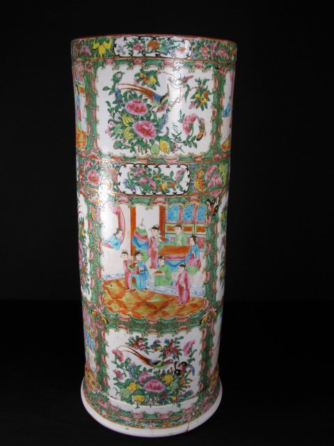 EARLY ROSE MEDALLION FLOOR VASE STAND: Early Rose Medallion floor vase or umbrella stand. Some chips and crack around base. Large repair on bottom. Measures 23 3/4" tall x 10" wide. Weight is 24 lbs 8 oz.