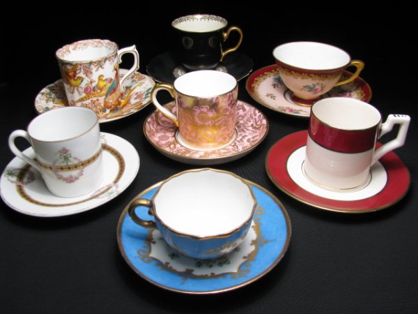 CABINET CUP & SAUCERS MINTON ROYAL CROWN DERBY ETC: Seven sets of porcelain cabinet cups and saucers: Minton, Royal Crown Derby, Samson & Continental. Smallest Samson set measures; cup 1 1/2" tall by 3" wide, saucer 4 1/4" wide. Largest Royal Crown Der