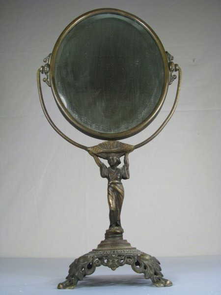 243: ANTIQUE VANITY MIRROR WITH FIGURE GOLDEN MFG - 243: ANTIQUE VANITY MIRROR WITH FIGURE GOLDEN MFG
