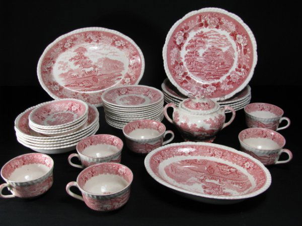 ADAMS "ENGLISH SCENIC" STAFFORDSHIRE CHINA 36 PCS: Thirty-six pieces of Adams English Staffordshire "English Scenic" pattern china in mulberry color. Set consists of: six 10" wide plates. Seven 6" wide saucers. Five 6 1/4" wide plates, one plate has a