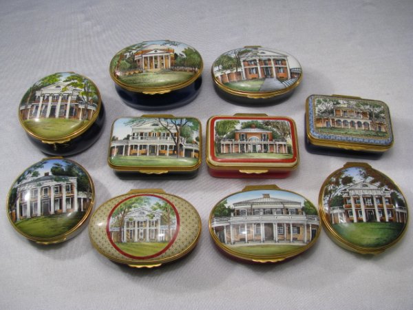 TEN HALCYON DAYS COLLECTIBLE PILL BOXES: Halcyon days collectible pill boxes from the University of Virginia series. Includes: Pavilion I, III, IV, V,VI, VII, VIII, XI, X and two others. All in good condition. Each measures between 2 1/4" an