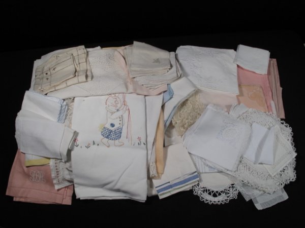 GROUP LOT VINTAGE ESTATE LINENS: Large lot of vintage estate linens to include, tablecloths, napkins, doilies, scarf's, runners, etc. All in good, clean and pressed condition. Shipping weight is 12 lbs 7 oz.
