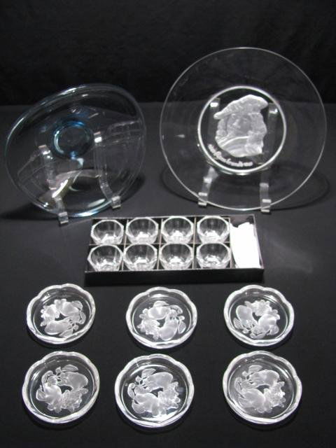 VAL ST LAMBERT GLASS SALTS COASTERS & PLATE 16 PCS: Group of fifteen clear Val St. Lambert glass; eight salts with spoons. Six coasters with fruit on base. Plate commemorating Rembrandt, " Val St. Lambert, F L & M, 1084" is etched in glass. Sold with g