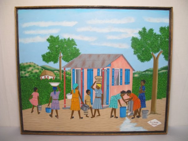 OIL PAINTING CANVAS HAITIAN JEAN-CLAUDE SEVERE: Late 20th Century oil primitive folk painting on canvas signed l.r. Jean-Claude Severe. Scene depicts figures drawing water from a tap. Stretcher: 24" x 20". Frame: 21" x 25". Weight: 2.4 lbs. Conditi