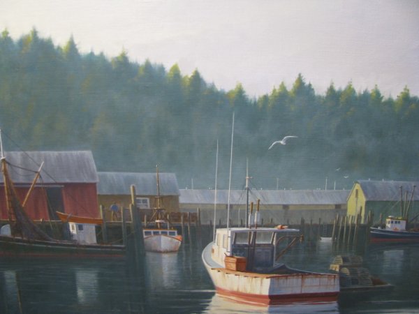 RON SAPORITO OIL ON CANVAS PAINTING HARBOR SCENE: Ron Saporito oil on canvas painting titled " Morning At Booth Bay ". Artwork and frame are in good condition. Canvas measures 19" high by 24" wide. Overall dimensions 26"high by 31" wide. Approximate 