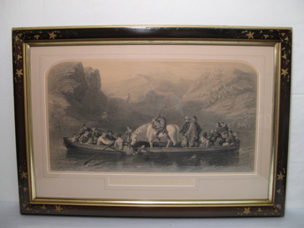ANTIQUE VICTORIAN STEEL ENGRAVING SCOTTISH FERRY: Victorian English steel engraving titled, "The Ferry Crossing" from an original painting by Jacob Thompson. Passengers and hunting party crossing a Scottish loch. Image: 18 3/4" x 34 3/4". Frame: 31 1