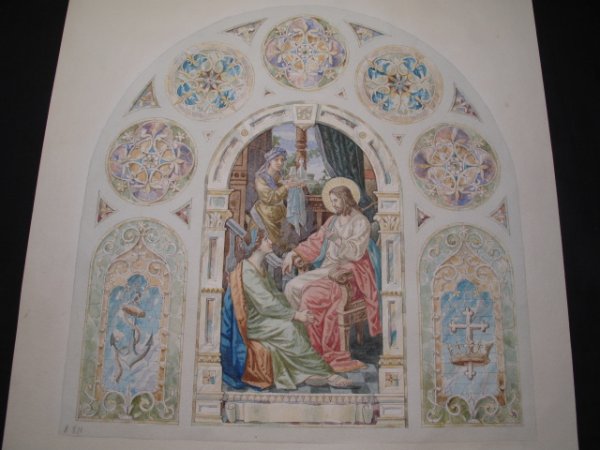 C19TH WATERCOLOR STUDY CHURCH STAINED GLASS PANE: Late 19th Century or early 20th Century watercolor on paper laid on canvas. Study for a church stained glass panel in the manner of John LaFarge by Booth's Art Stained Glass Works. Buffalo, N.Y. Compa