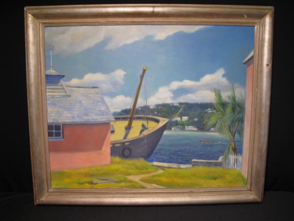OIL CANVAS MARINE PAINTING CARIBBEAN BOAT SIGNED: Oil on canvas marine painting signed l.r. "Morris". Probably a Caribbean seascape, circa 1940. Stretcher: 24" x 30 1/4". Silver gilt wood frame: 29 1/2" x 35 1/2". Weight: 10 lbs. Condition: Painting 