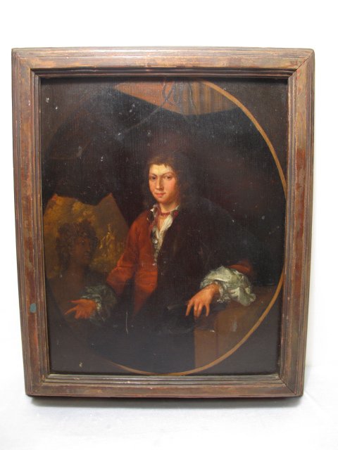OLD MASTER OIL PAINTING OAK WOOD PANEL PORTRAIT MA: Old master oil painting on oak panel, European School, early to mid Eighteenth Century. Unsigned. Early label on reverse, illegible. Board: 14 3/4" x 11 3/4". Frame: 17 1/2" x 14 1/2". Weight: 3.4 lbs