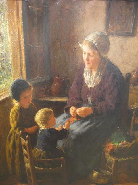 BERNARD POTHAST PAINTING MOTHER & CHILDREN: Bernard Pothast (English 1882-1966) Oil painting on canvas. Interior scene of a woman with young children. Stretcher: 30" x 24 1/2". Frame: 37" x 32". Weight: 14 lbs. Condition: good. Canvas relined.